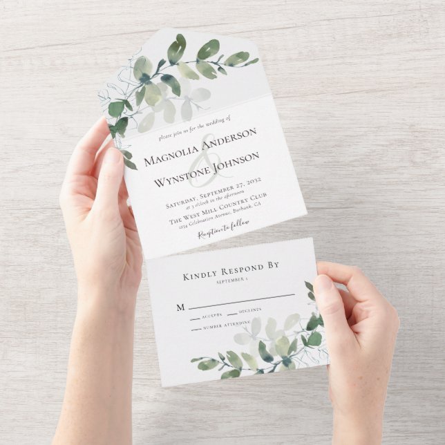 Eukalyptus Moderne Hochzeit All In One Einladung (Abreißen)