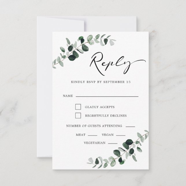 Eukalyptus Moderne kalligraphische Mahlzeiten Hoch RSVP Karte (Vorderseite)