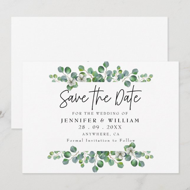 Eukalyptus moderner Wasserfarben Save the Date Einladung (Vorne/Hinten)
