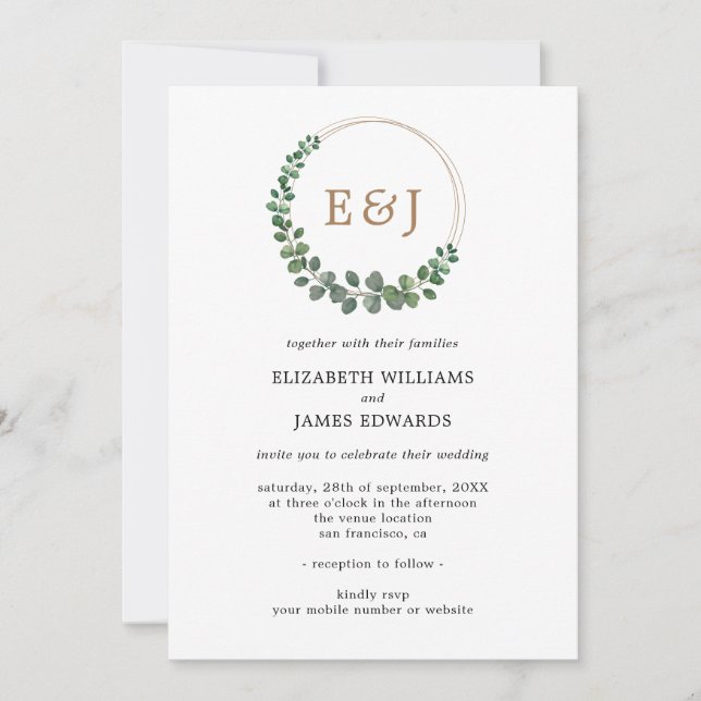 Eukalyptus monogram Minimalistisch Wedding Einladung (Vorderseite)