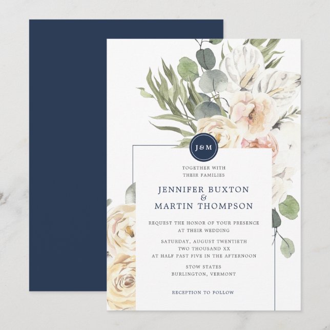 Eukalyptus Monogram Wedding Navy & Ivory Floral Einladung (Vorne/Hinten)