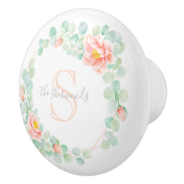 Eukalyptus-Monogramm-Blätter Pfirsichpfirsichpfirs Keramikknauf