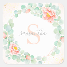 Eukalyptus-Monogramm-Blätter Pfirsichpfirsichpfirs Quadratischer Aufkleber