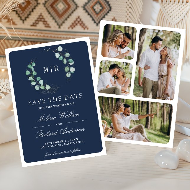 Eukalyptus-Monogramm-Foto-Navyblau-Hochzeit Save The Date (Von Creator hochgeladen)