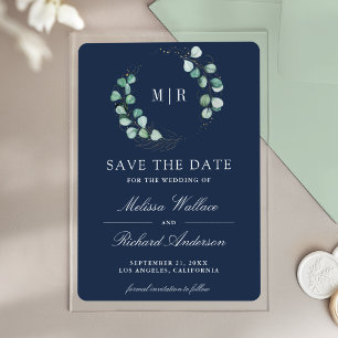 Eukalyptus-Monogramm Navy-Hochzeit Bitte vormerken Acryleinladungen