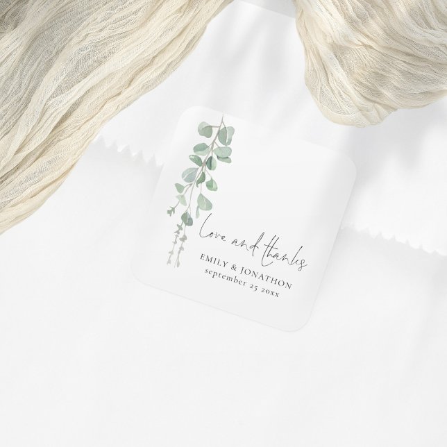 Eukalyptus-Namen Datum Liebe dank Script Hochzeit Quadratischer Aufkleber (Von Creator hochgeladen)