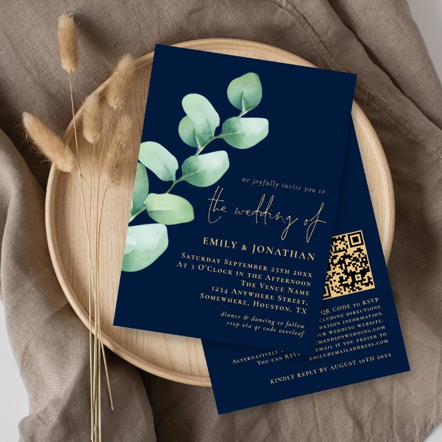 Eukalyptus Navy Blue Gold QR Code Skript Hochzeit Einladung (Von Creator hochgeladen)