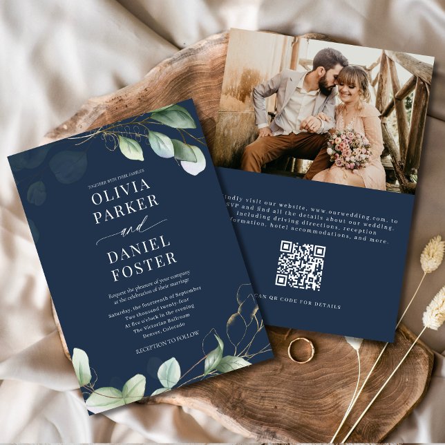 Eukalyptus Navy Blue QR Code Foto Hochzeit Einladung (Von Creator hochgeladen)