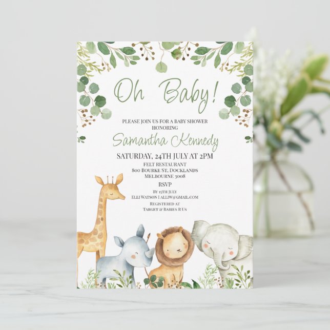 Eukalyptus Niedlich Safari Baby Shower Einladung (Stehend Vorderseite)