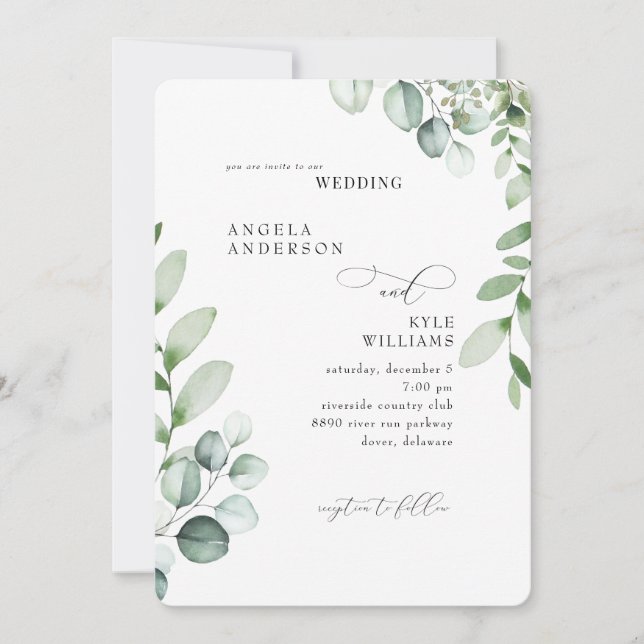 Eukalyptus No Parents Elegante Hochzeit Einladung (Vorderseite)