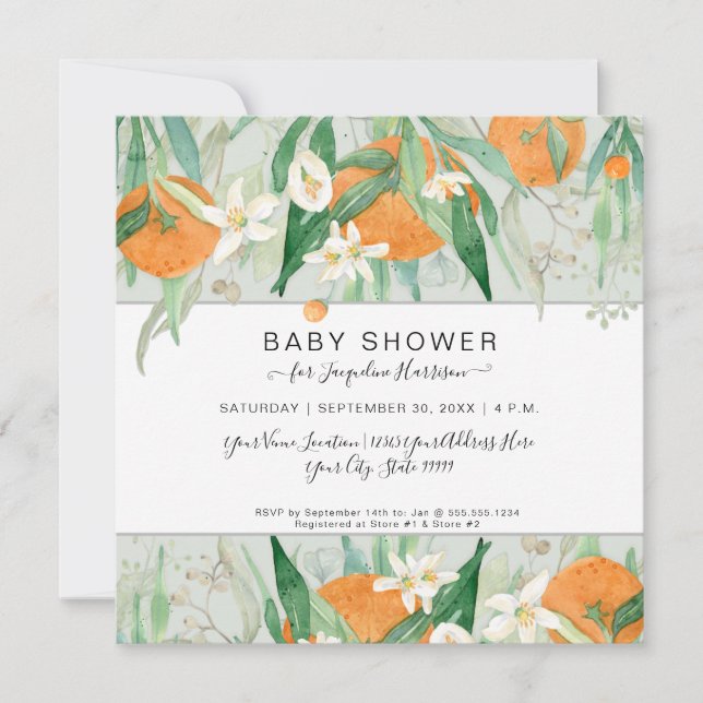 Eukalyptus Orange Mint eine kleine Süsse Babydusch Einladung (Vorderseite)