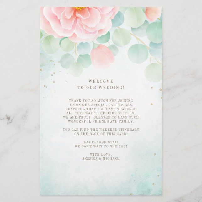 Eukalyptus Peony Floral Wedding Welcome Itinerary (Vorderseite)