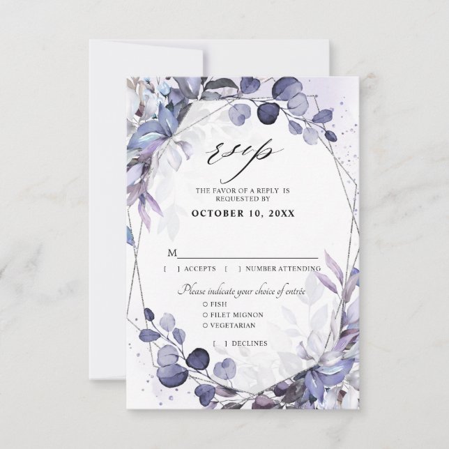 Eukalyptus Periwinkle Lila Geometric Wedding RSVP Karte (Vorderseite)