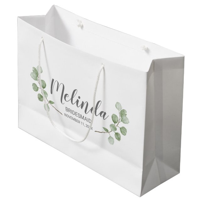 Eukalyptus Personalisiert Bridesmaid Name Große Geschenktüte (Vorderseite Schrägansicht)