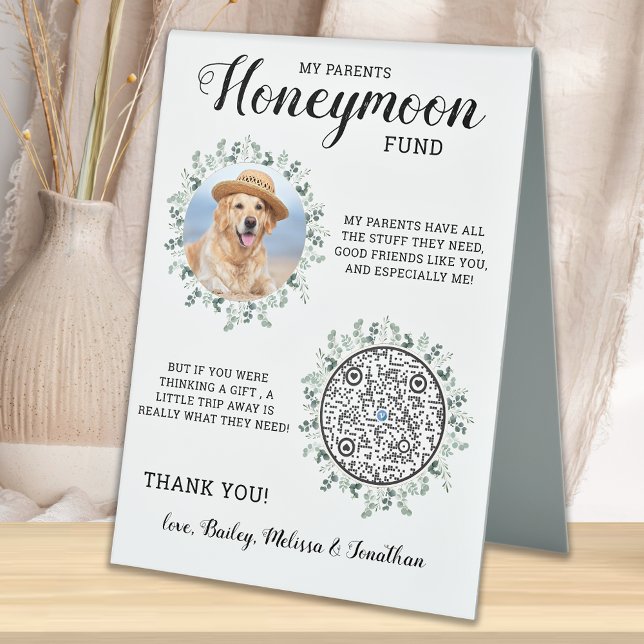 Eukalyptus Pet Dog Wedding QR Code Honeymoon Fund Tischaufsteller (Von Creator hochgeladen)