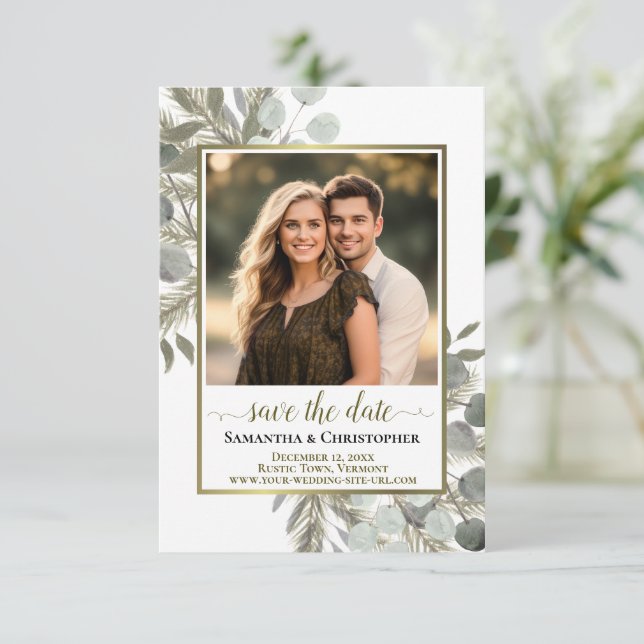 Eukalyptus & Pine Foto Hochzeit im Wasser Save The Date (Stehend Vorderseite)