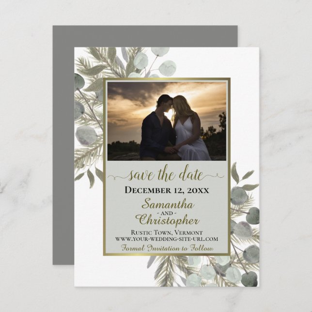 Eukalyptus & Pine mit Foto Grau Wedding Save The Date (Vorne/Hinten)