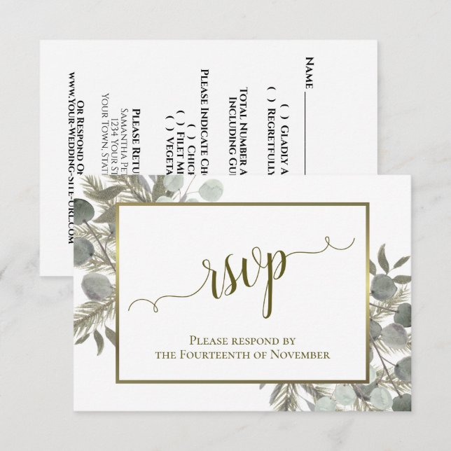 Eukalyptus & Pine Sage Green & Gold Wedding RSVP Karte (Vorne/Hinten)