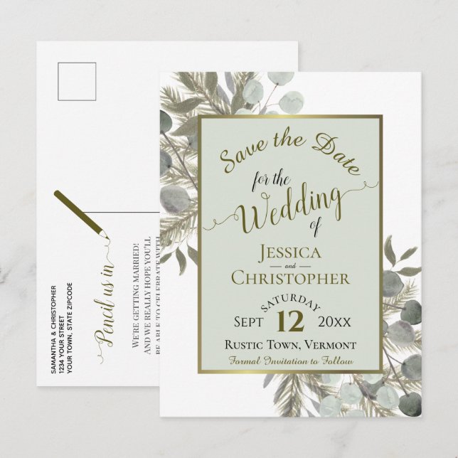 Eukalyptus & Pine Sage Green Wedding Save the Date Ankündigungspostkarte (Vorne/Hinten)