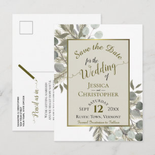 Eukalyptus & Pine Taupe Hochzeit Sichern Datum Ankündigungspostkarte