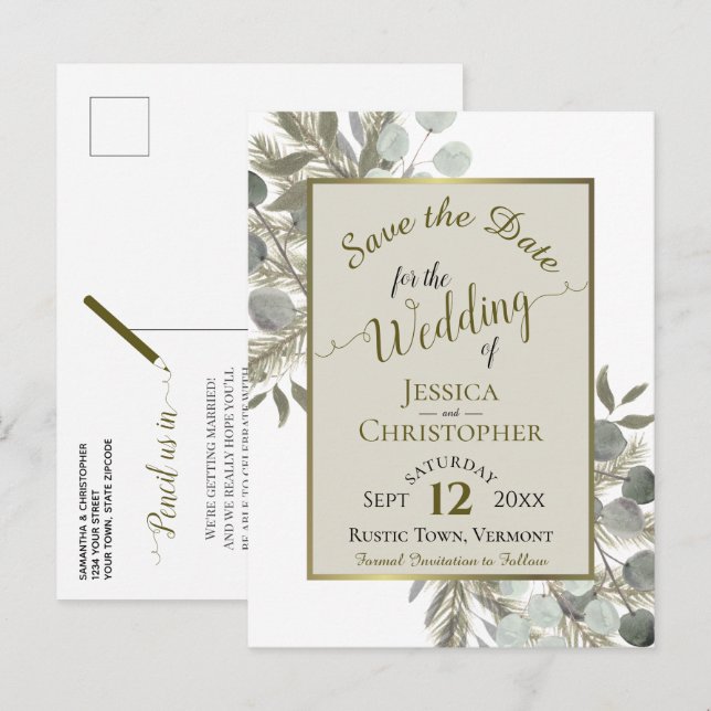 Eukalyptus & Pine Taupe Hochzeit Sichern Datum Ankündigungspostkarte (Vorne/Hinten)