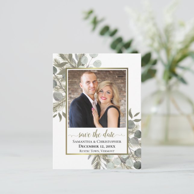 Eukalyptus & Pine Wedding Save the Date Foto Ankündigungspostkarte (Stehend Vorderseite)