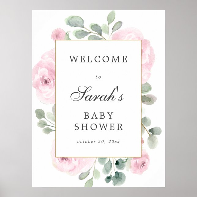 Eukalyptus Pink Floral Baby Dusche Begrüßungszeich Poster (Vorne)