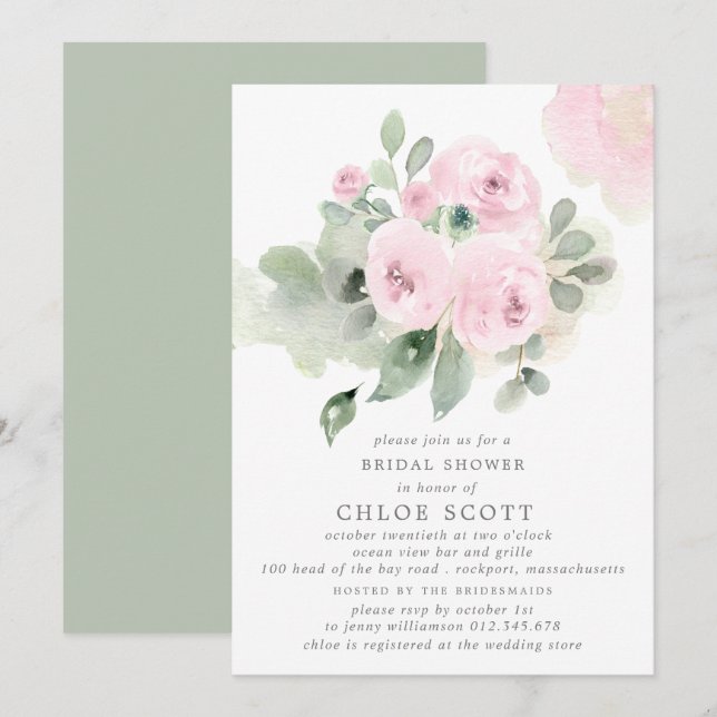 Eukalyptus Pink Rose Brautparty Einladung (Vorne/Hinten)