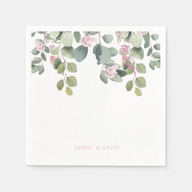Eukalyptus & Pink Rose Hochzeitcocktail Serviette (Vorderseite)