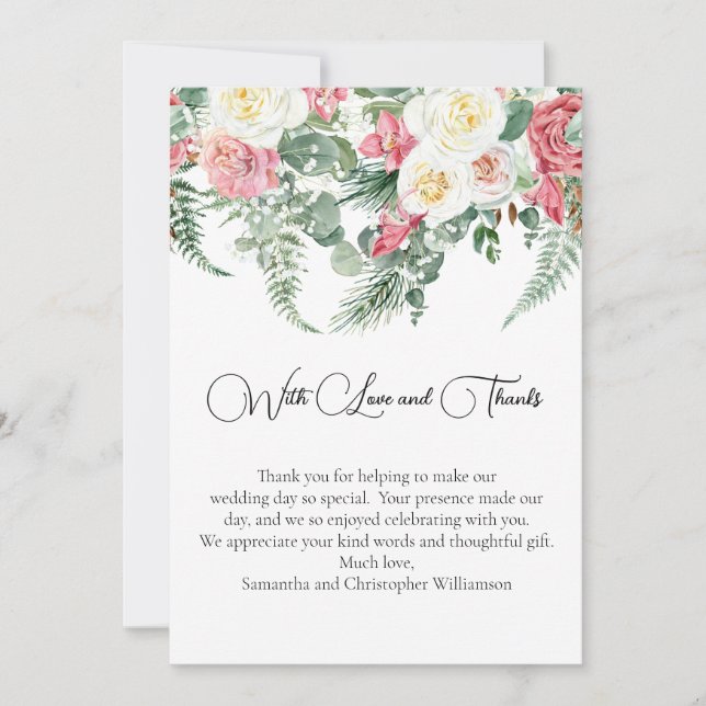 Eukalyptus Pink White Roses Floral Wedding Dankeskarte (Vorderseite)