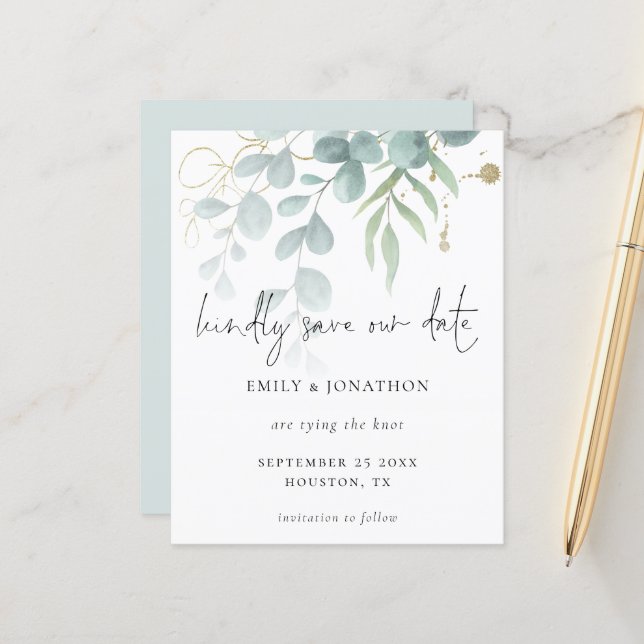 Eukalyptus Powder Blue Gold Save the Date (Vorderseite/Rückseite Beispiel)