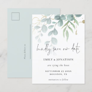 Eukalyptus Powder Blue Gold Script Save the Date Einladungspostkarte