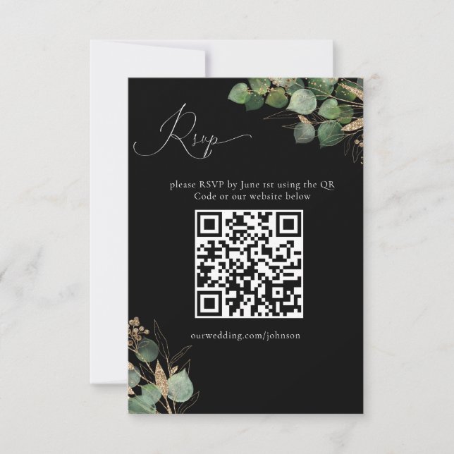 Eukalyptus QR-Code-Antwortkarte für Schwarzes Wass RSVP Karte (Vorderseite)