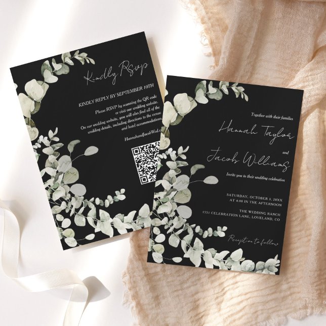 Eukalyptus QR Code Black Wedding Einladung (qr code wedding invitation black eucalyptus)