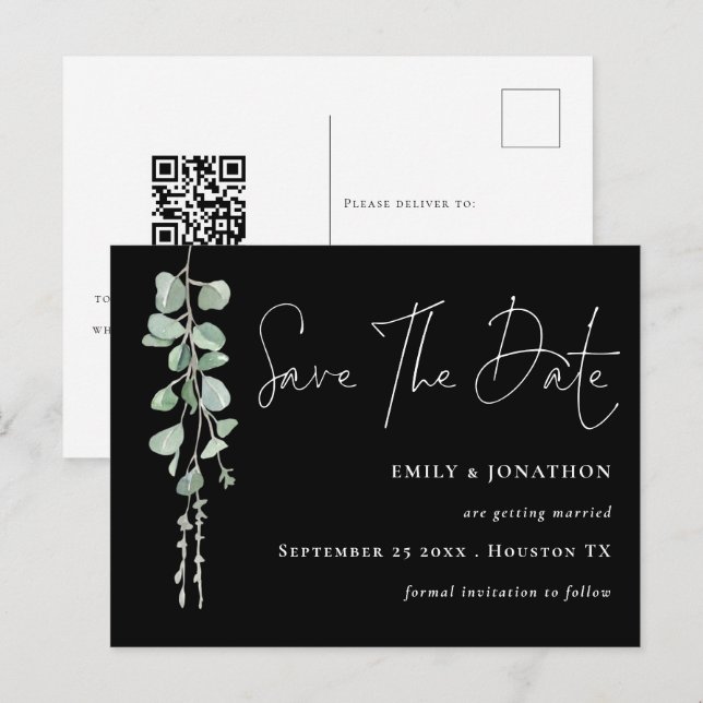Eukalyptus QR-Code Skript Save the Date schwarz Postkarte (Vorne/Hinten)