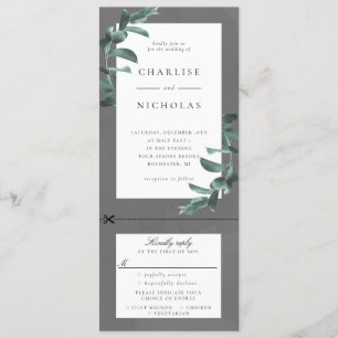 Eukalyptus-Rahmen auf graue Hochzeitseinladung w u Einladung