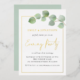 Eukalyptus-Rand Hochzeitsabend-Party Gold Echt Folieneinladung