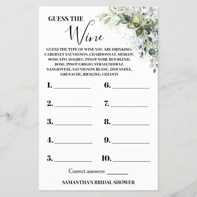 Eukalyptus Ratet die Wine Brautparty Game Card Flyer (Vorne)