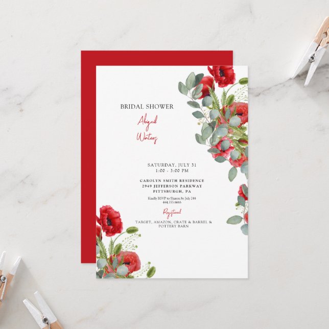 Eukalyptus Red Floral Brautparty Invita Einladung (Vorderseite/Rückseite Beispiel)