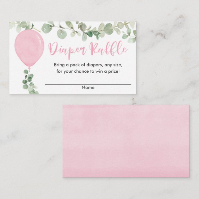 Eukalyptus-Rosa-Ballon-Babydusche-Windel-Tombola Begleitkarte (Vorne/Hinten)