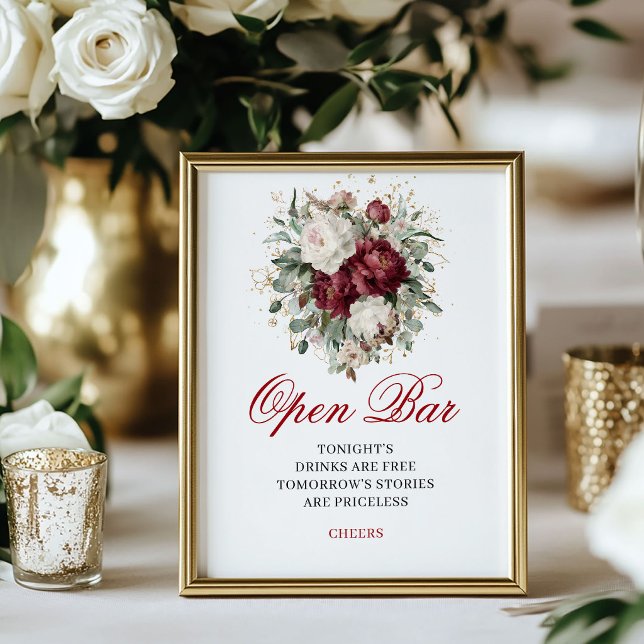 Eukalyptus-Rosa-Burgunder-Farben-Open-Bar-Hochzeit Poster (Eucalyptus Blush Burgundy Open Bar Sign)