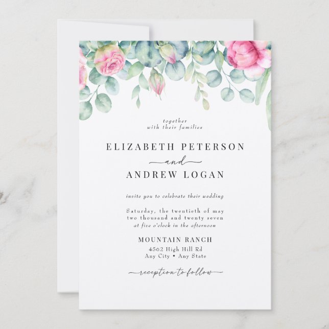 Eukalyptus-Rose | Elegant Boho Greenerity Wedding Einladung (Vorderseite)