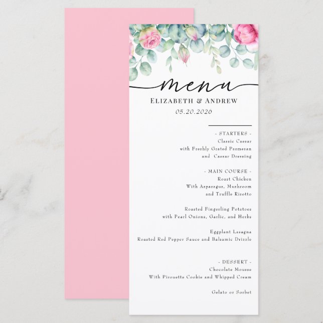 Eukalyptus-Rose | Elegant Boho Greenerity Wedding Menükarte (Vorne/Hinten)