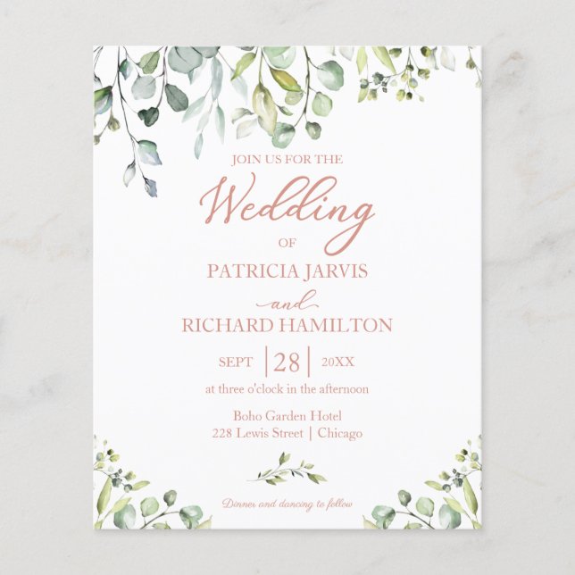Eukalyptus Rose Gold Budget Einladung zur Hochzeit (Vorderseite)