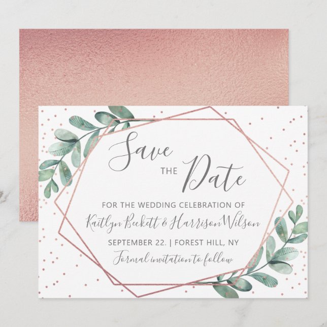 Eukalyptus Rose Gold Geometric Wedding Save The Date (Vorne/Hinten)