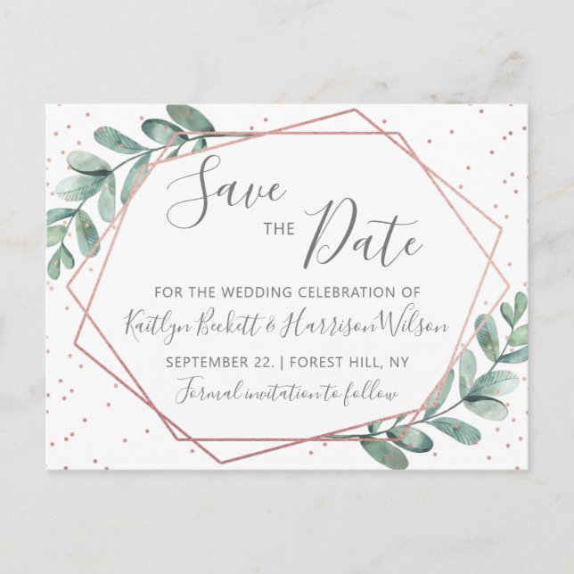 Eukalyptus Rose Gold Geometrie Save the Date Ankündigungspostkarte (Vorderseite)