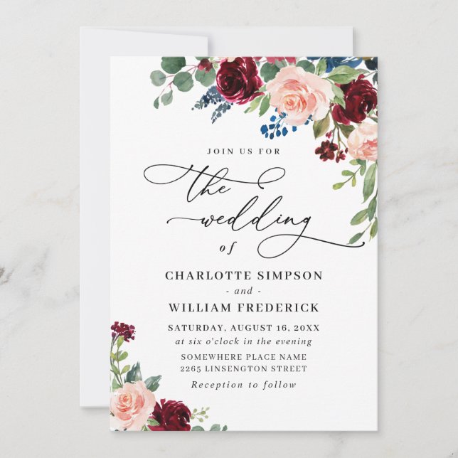 Eukalyptus-Rose-Hochzeit der Burgund-Marine Einladung (Vorderseite)