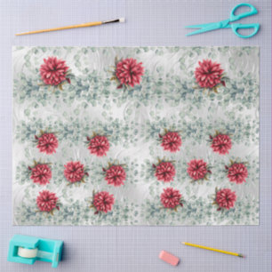 Eukalyptus & Rote Blumen auf Faux-Folie-Decoupage Seidenpapier