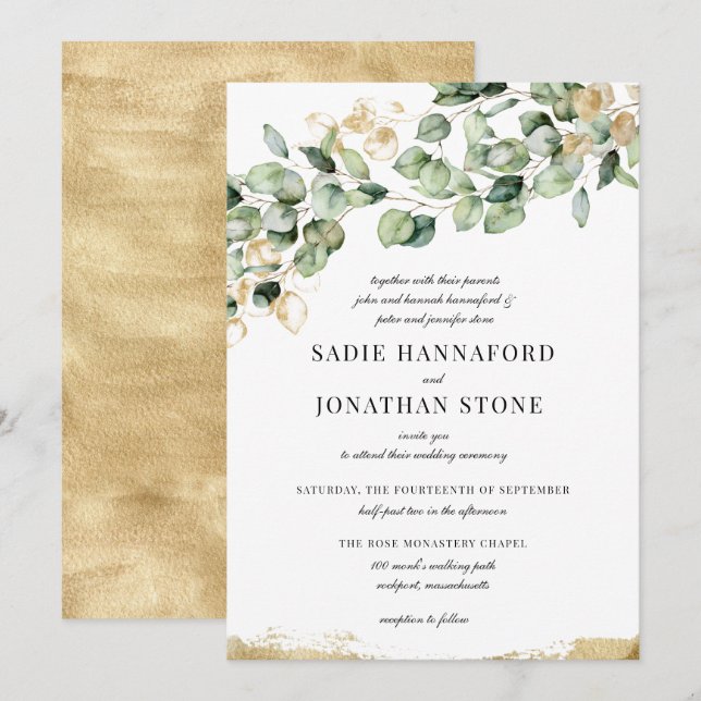 Eukalyptus Rustic Gold Elegante Botanische Hochzei Einladung (Vorne/Hinten)