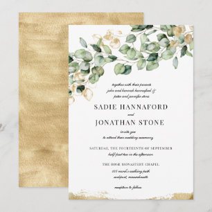 Eukalyptus Rustic Gold Elegante Botanische Hochzei Einladung